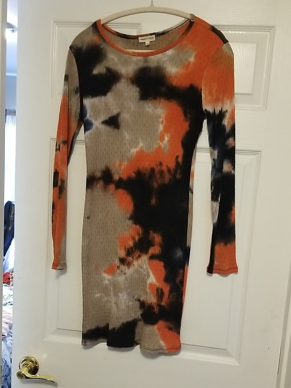 Heart Hips Long Sleeve Tie-Dye Bodycon Dress in Orange, Black, and Gray